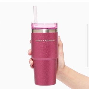 Stanley Pink Glitter Travel Tumbler with Clear Pink Lid & Straw
